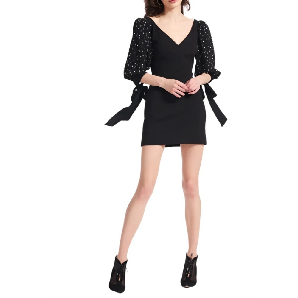 NWT $520 Emily Shalant V-Neck Crepe Mini Dress  2 Black Cocktail Party Occasion